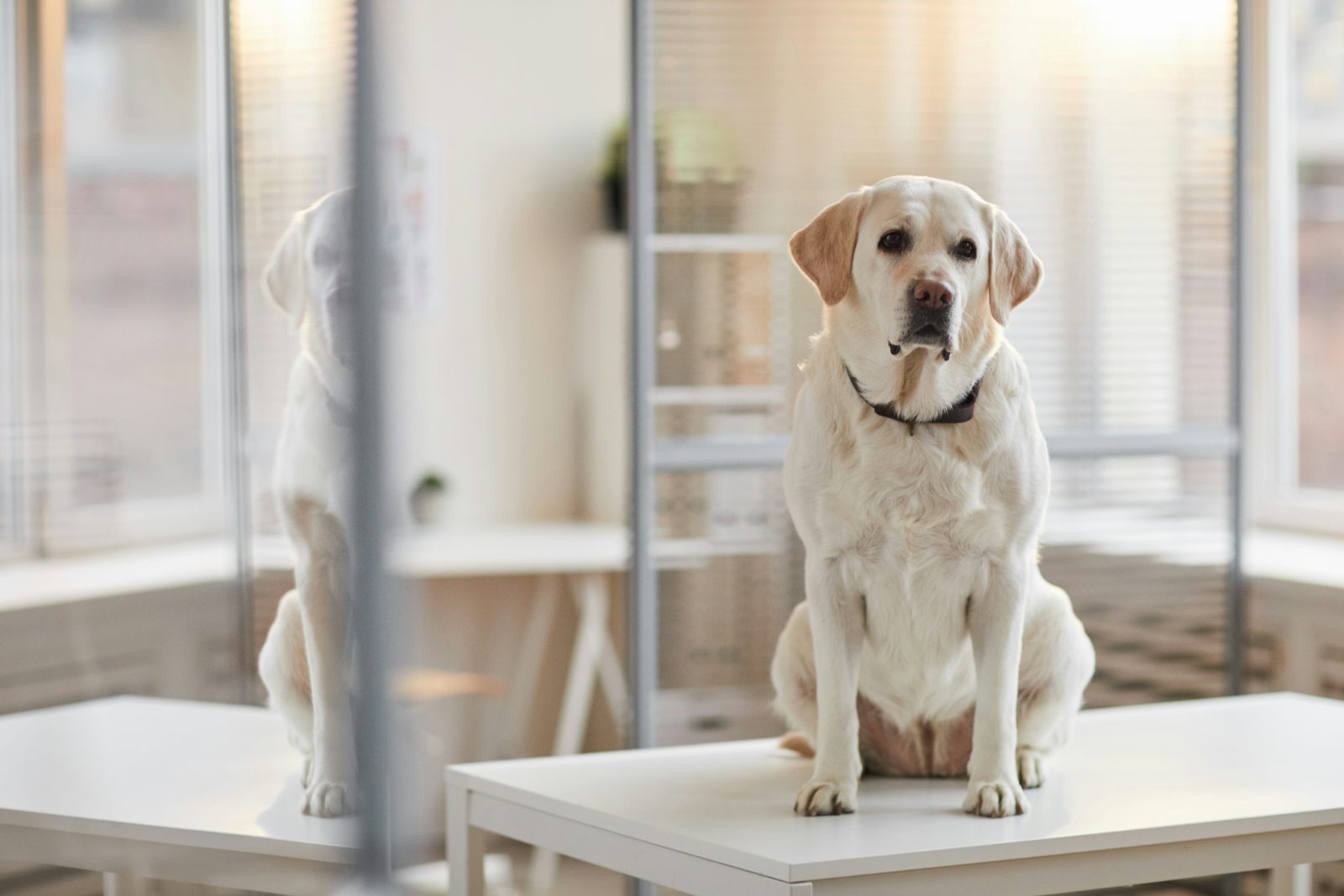 Hund sitzt ruhig auf dem Untersuchungstisch in einer hellen Praxis